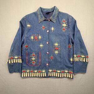 Vintage Poetica Denim Jacket Southwestern Aztec Pattern Women's Medium